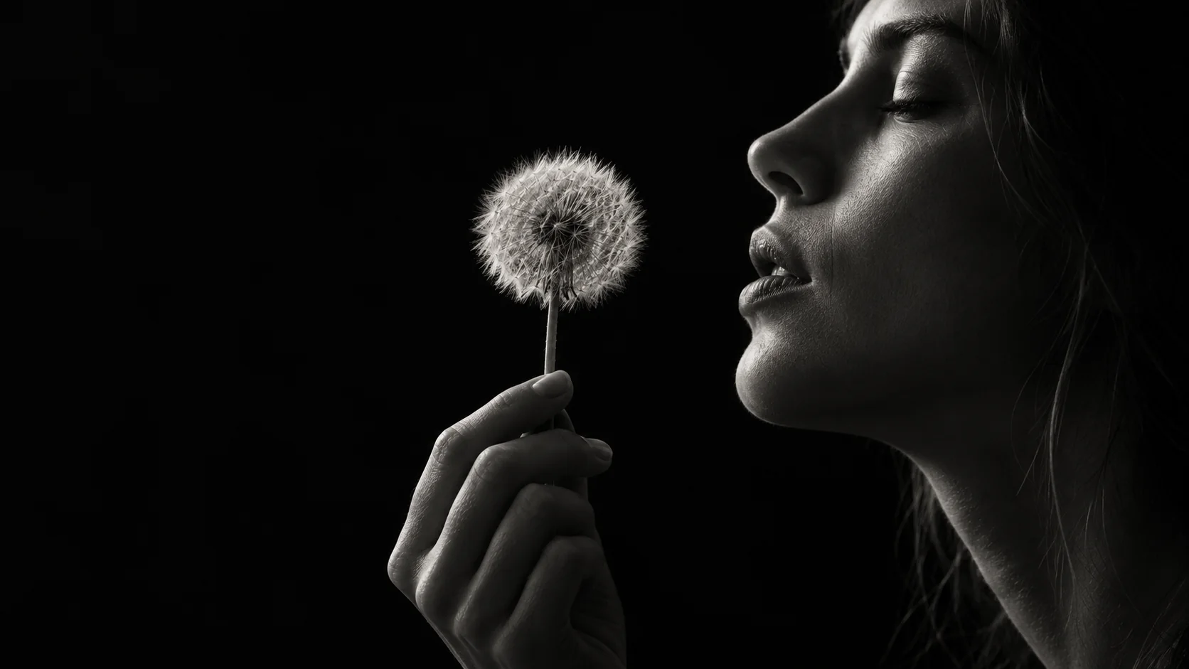 A woman in profile, eyes closed, breathing softly toward a single dandelion seed head held in her fingers